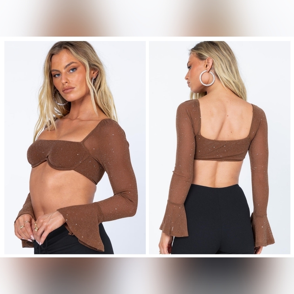 NWT‎ Princess Polly Devin Structured Flare Sleeve Sparkly Mesh Crop Top Size 12